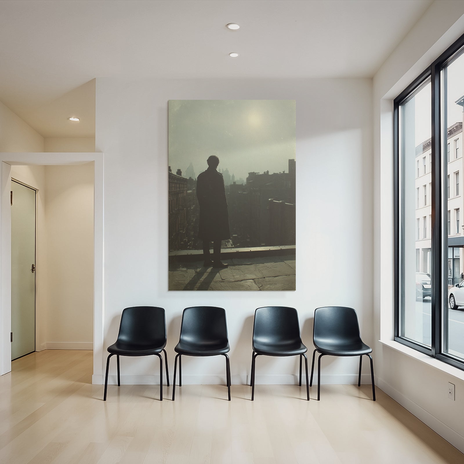 Silhouette Auf Hausdach Mit Stadtpanorama Im Dunst