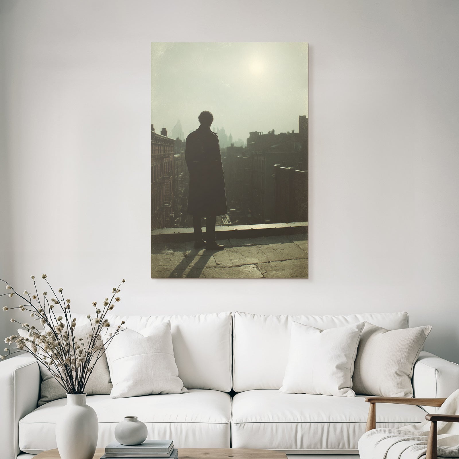 Silhouette Auf Hausdach Mit Stadtpanorama Im Dunst