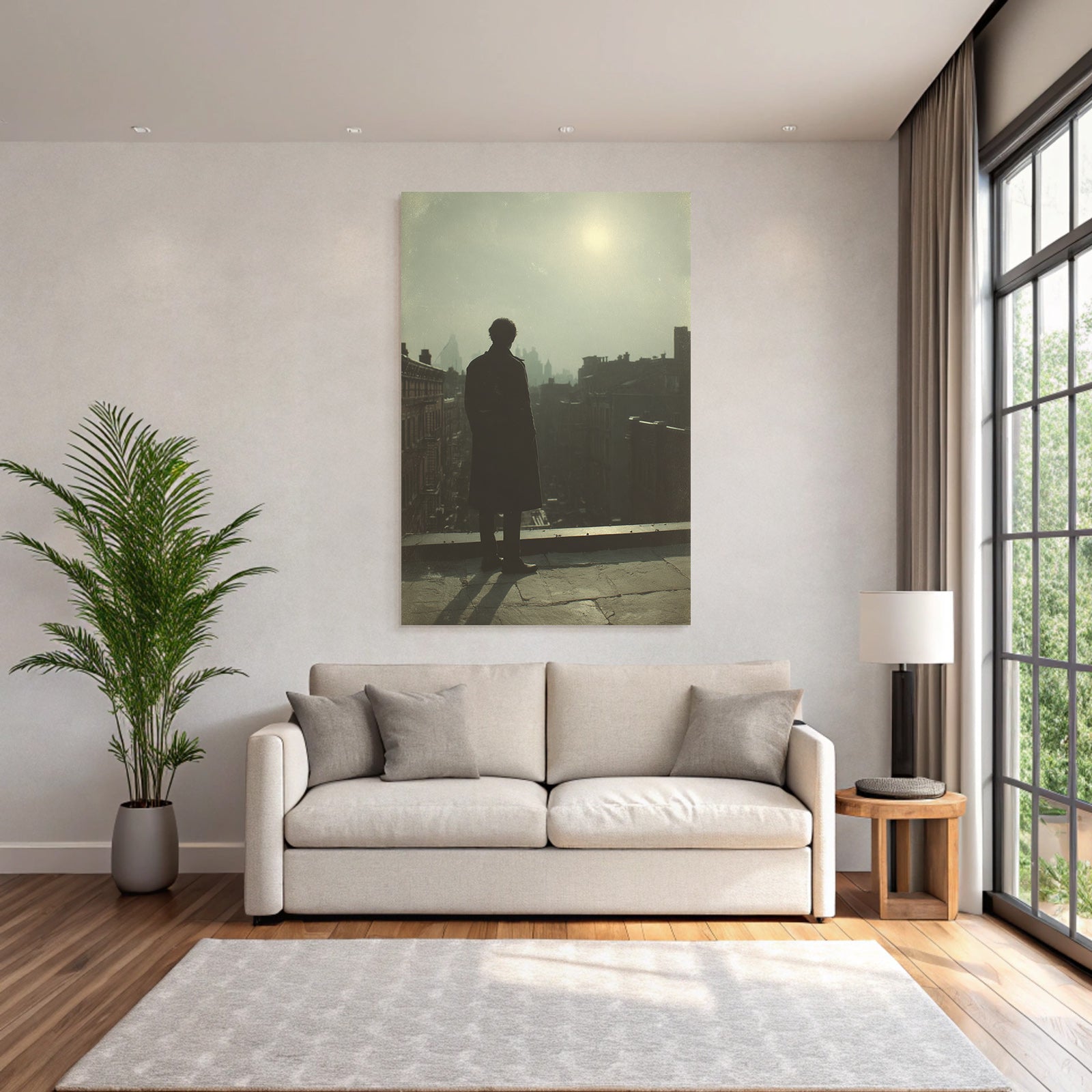 Silhouette Auf Hausdach Mit Stadtpanorama Im Dunst