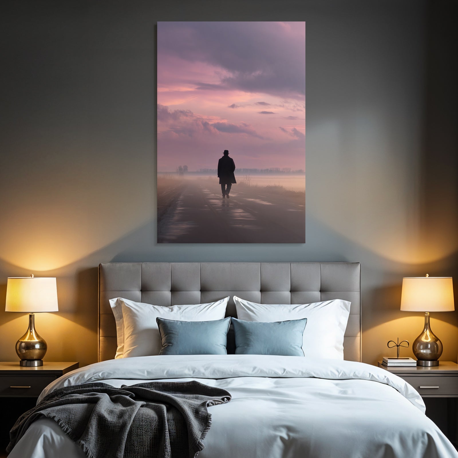 Silhouette Bei Daemmerung Auf Leerer Strasse Im Nebel