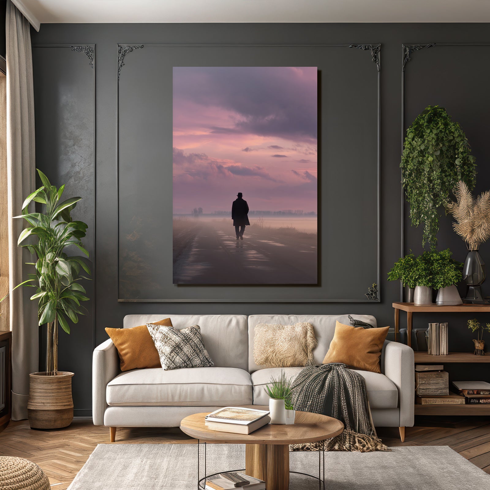 Silhouette Bei Daemmerung Auf Leerer Strasse Im Nebel