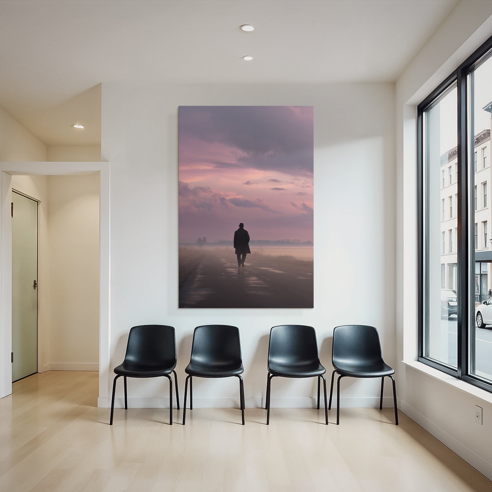 Silhouette Bei Daemmerung Auf Leerer Strasse Im Nebel