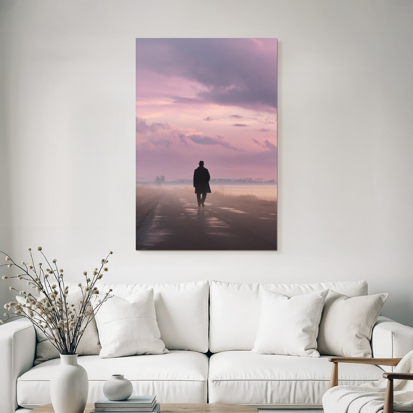 Silhouette Bei Daemmerung Auf Leerer Strasse Im Nebel