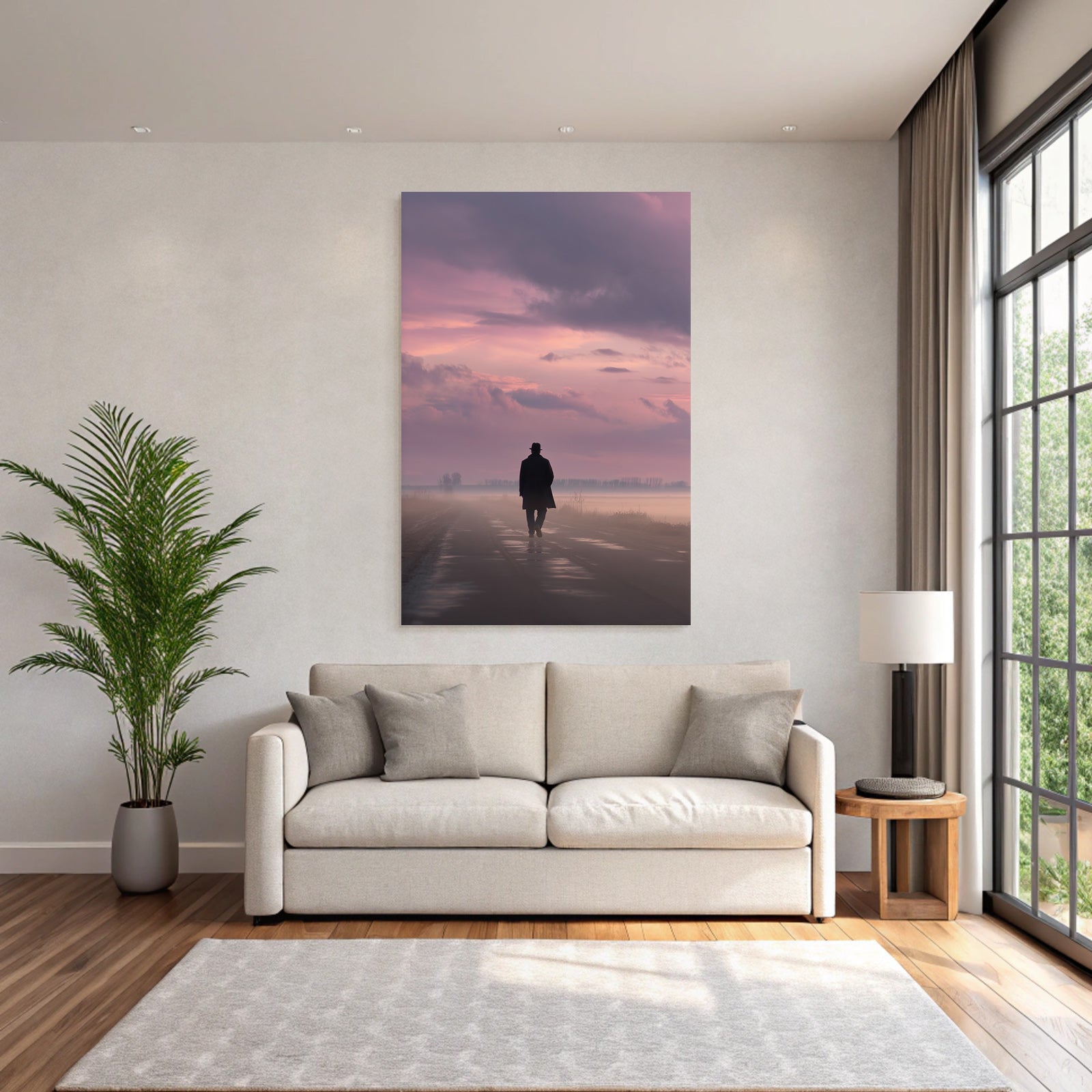 Silhouette Bei Daemmerung Auf Leerer Strasse Im Nebel