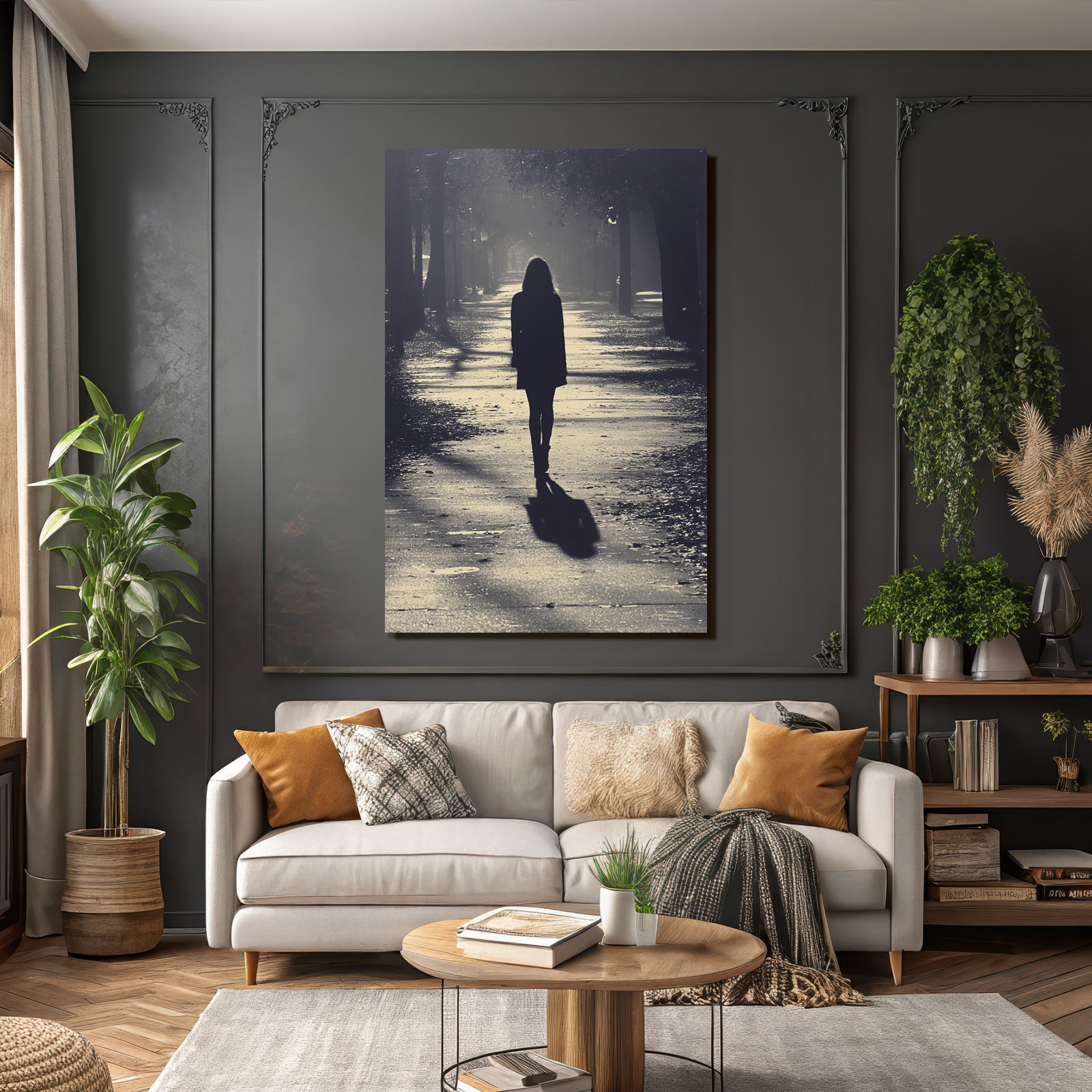 Silhouette Einer Frau In Herbstlicher Baumallee