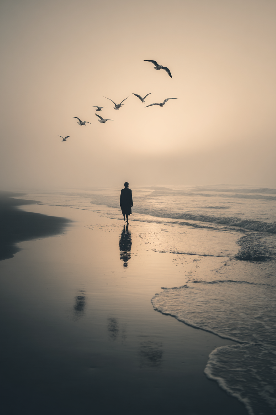 Silhouette Am Strand Mit Moewen Im Abendlicht | Fotografie | Kunstgattungen