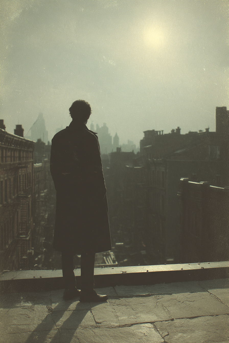 Silhouette Auf Hausdach Mit Stadtpanorama Im Dunst | Fotografie | Kunstgattungen