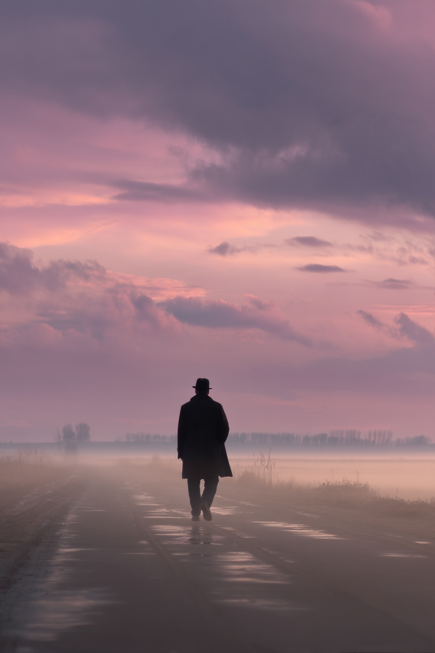 Silhouette Bei Daemmerung Auf Leerer Strasse Im Nebel | Fotografie | Kunstgattungen