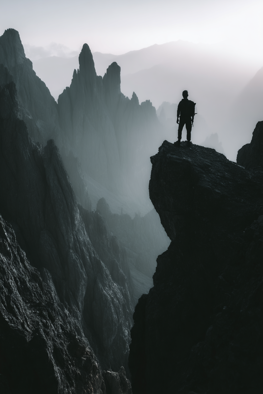 Silhouette Einer Person Auf Einer Klippe Mit Berglandschaft Im Nebel | Fotografie | Kunstgattungen
