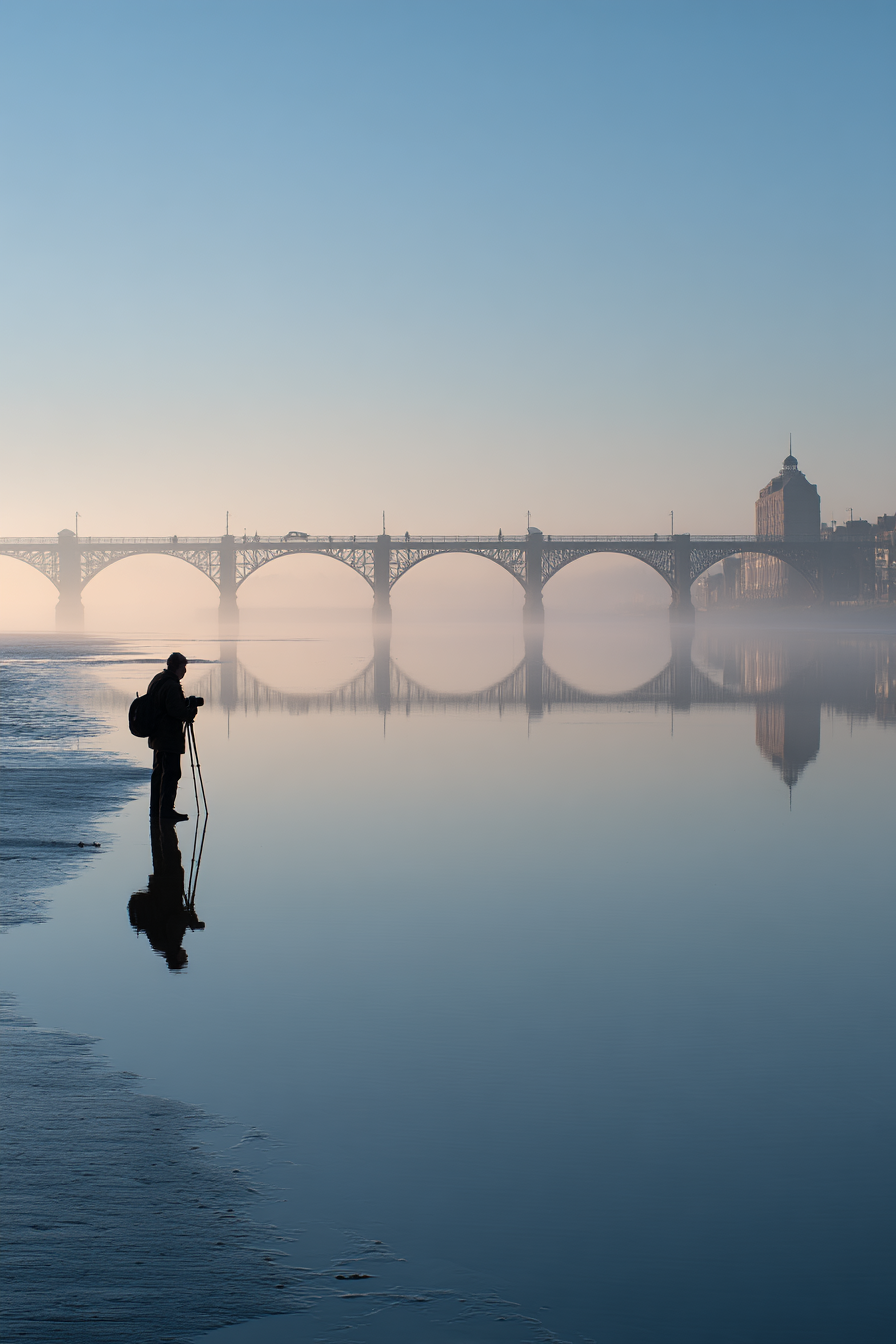 Silhouette Eines Fotografen Vor Spiegelnder Bruecke Im Dunst | Fotografie | Kunstgattungen