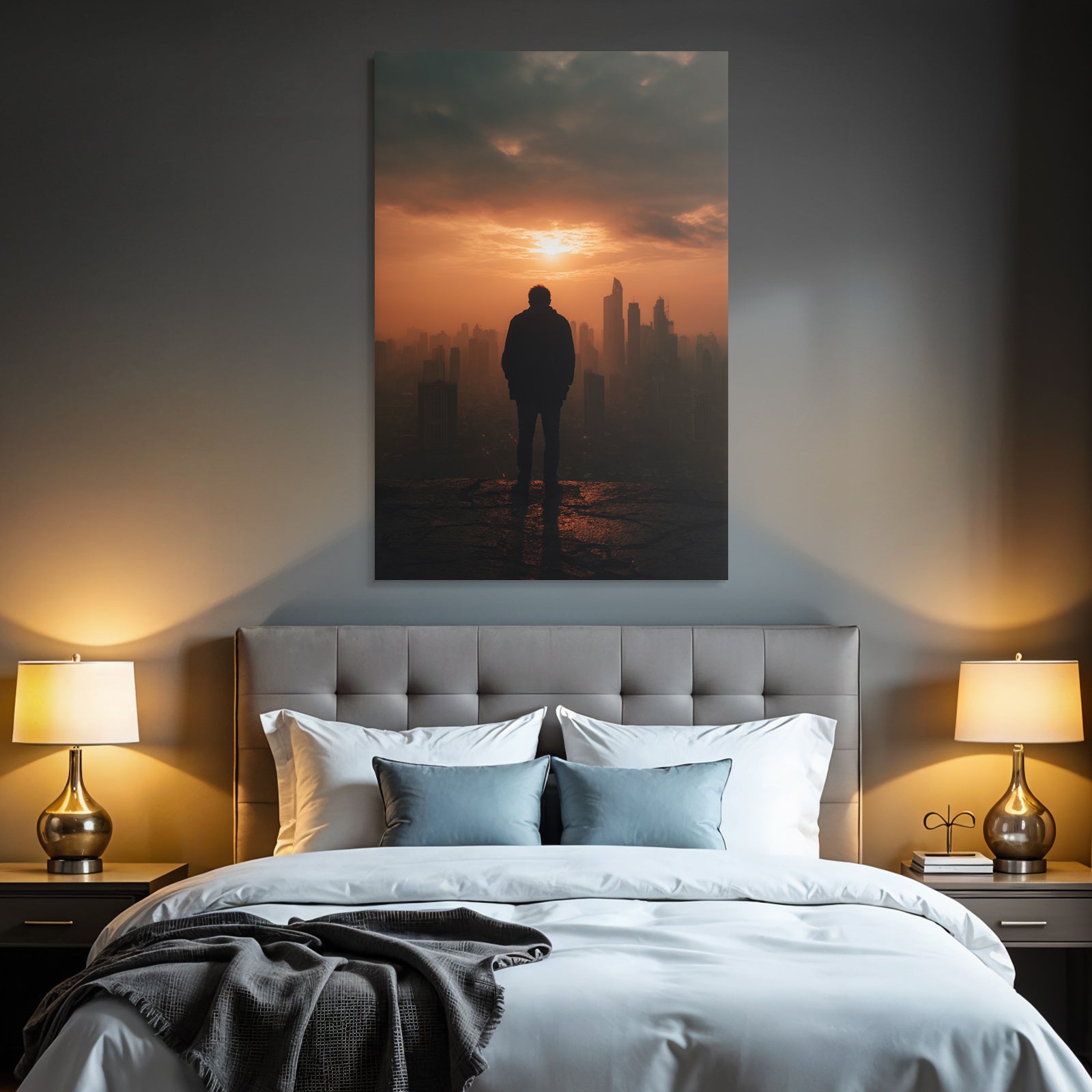 Silhouette Person Auf Vorsprung Sonnenuntergang Stadt Skyline