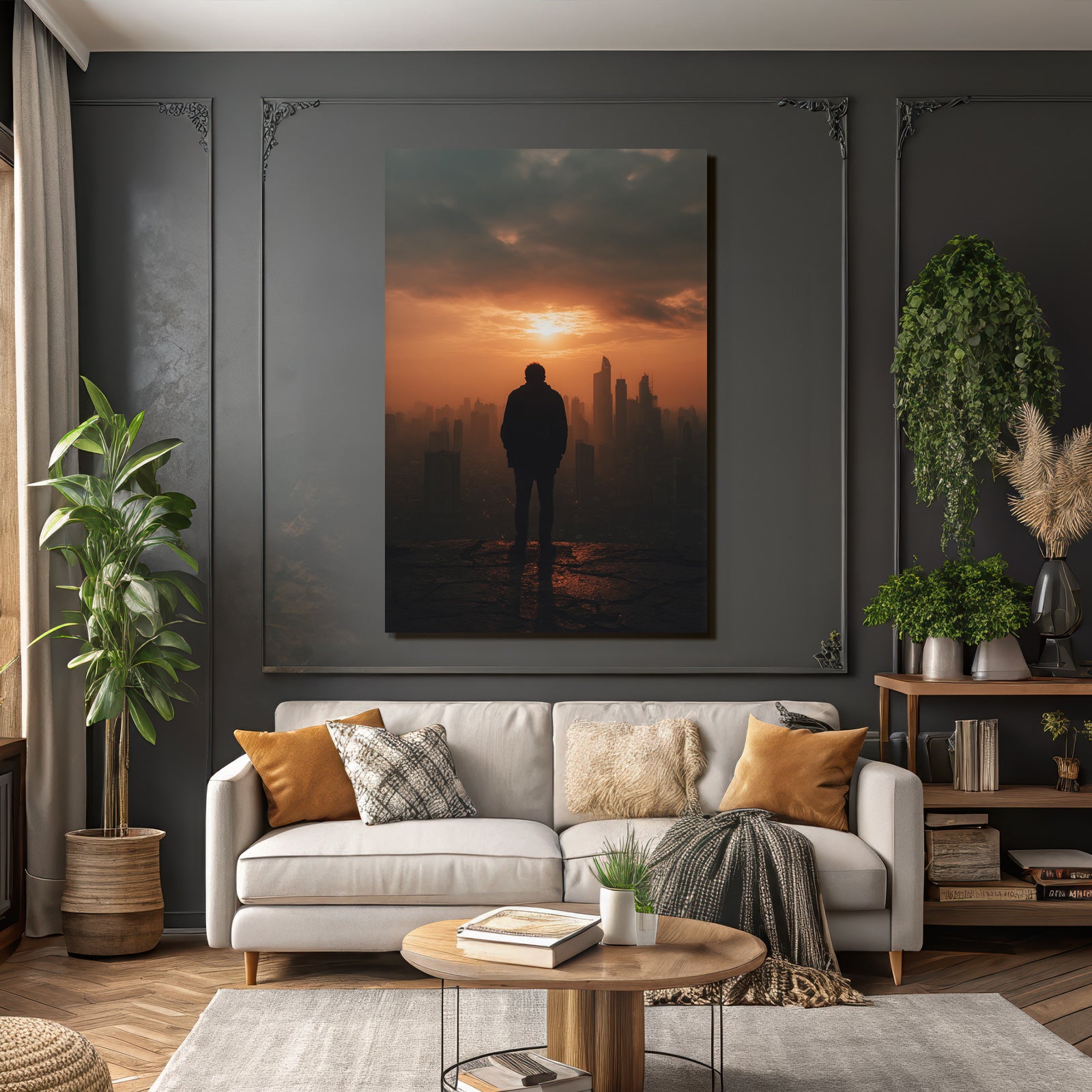 Silhouette Person Auf Vorsprung Sonnenuntergang Stadt Skyline