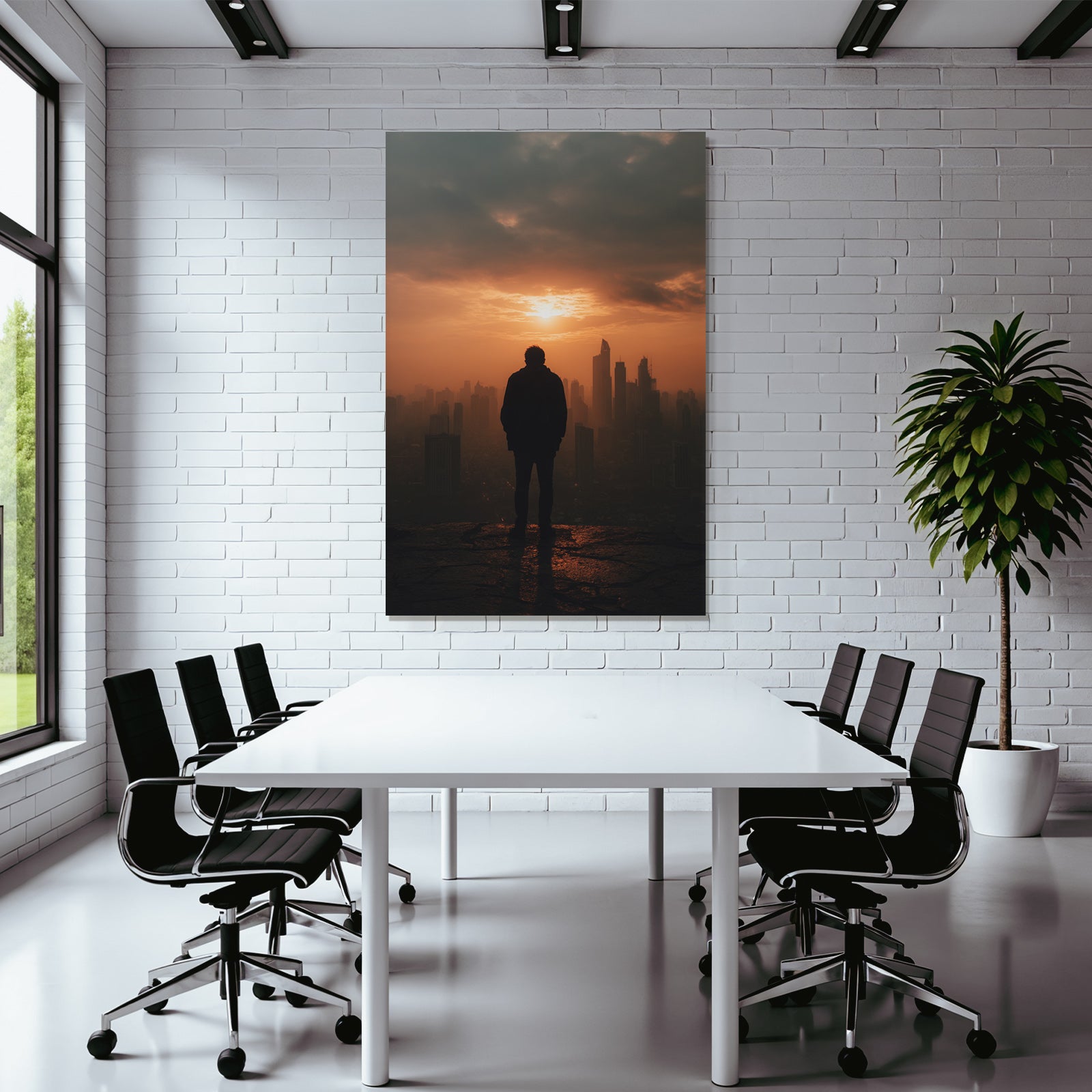 Silhouette Person Auf Vorsprung Sonnenuntergang Stadt Skyline