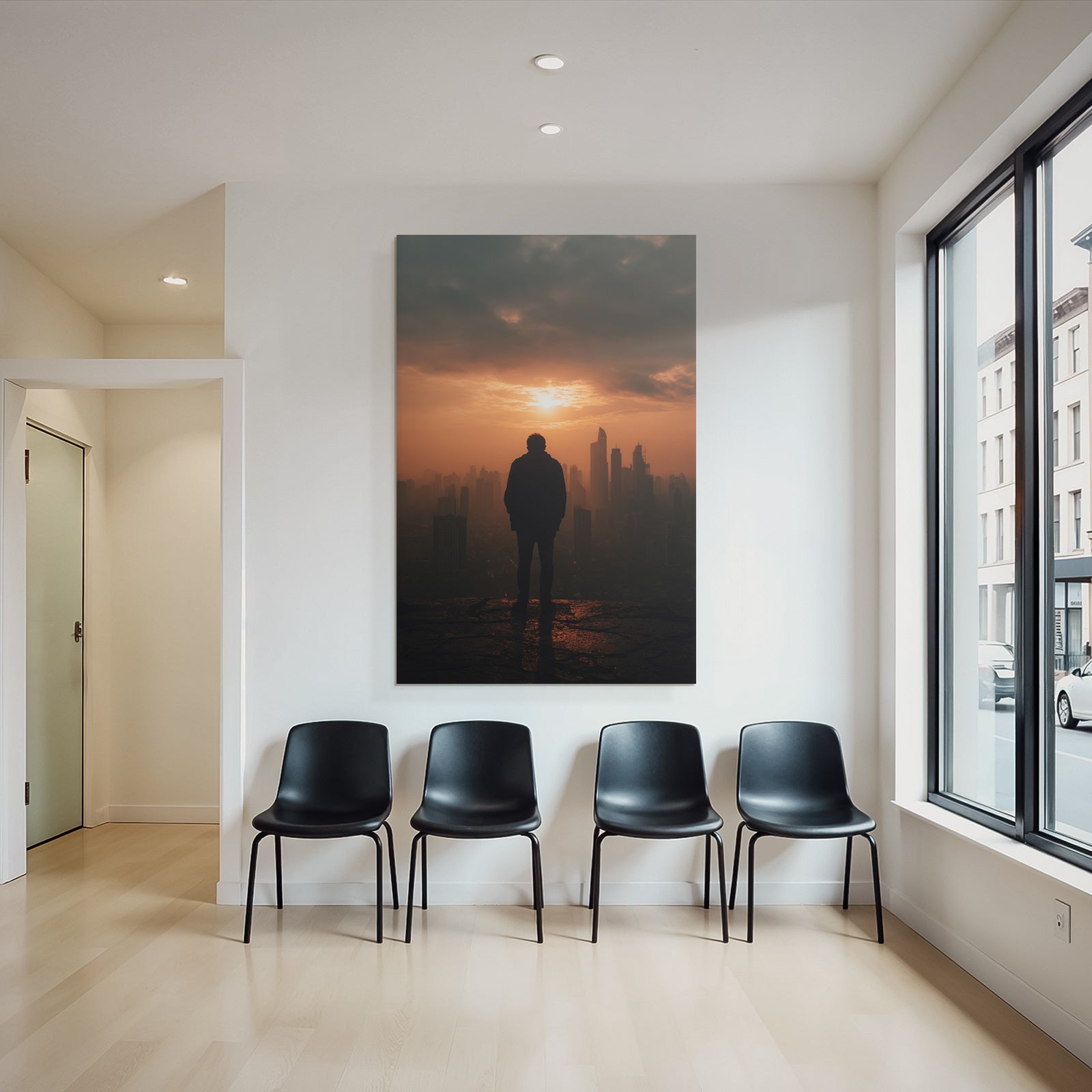 Silhouette Person Auf Vorsprung Sonnenuntergang Stadt Skyline