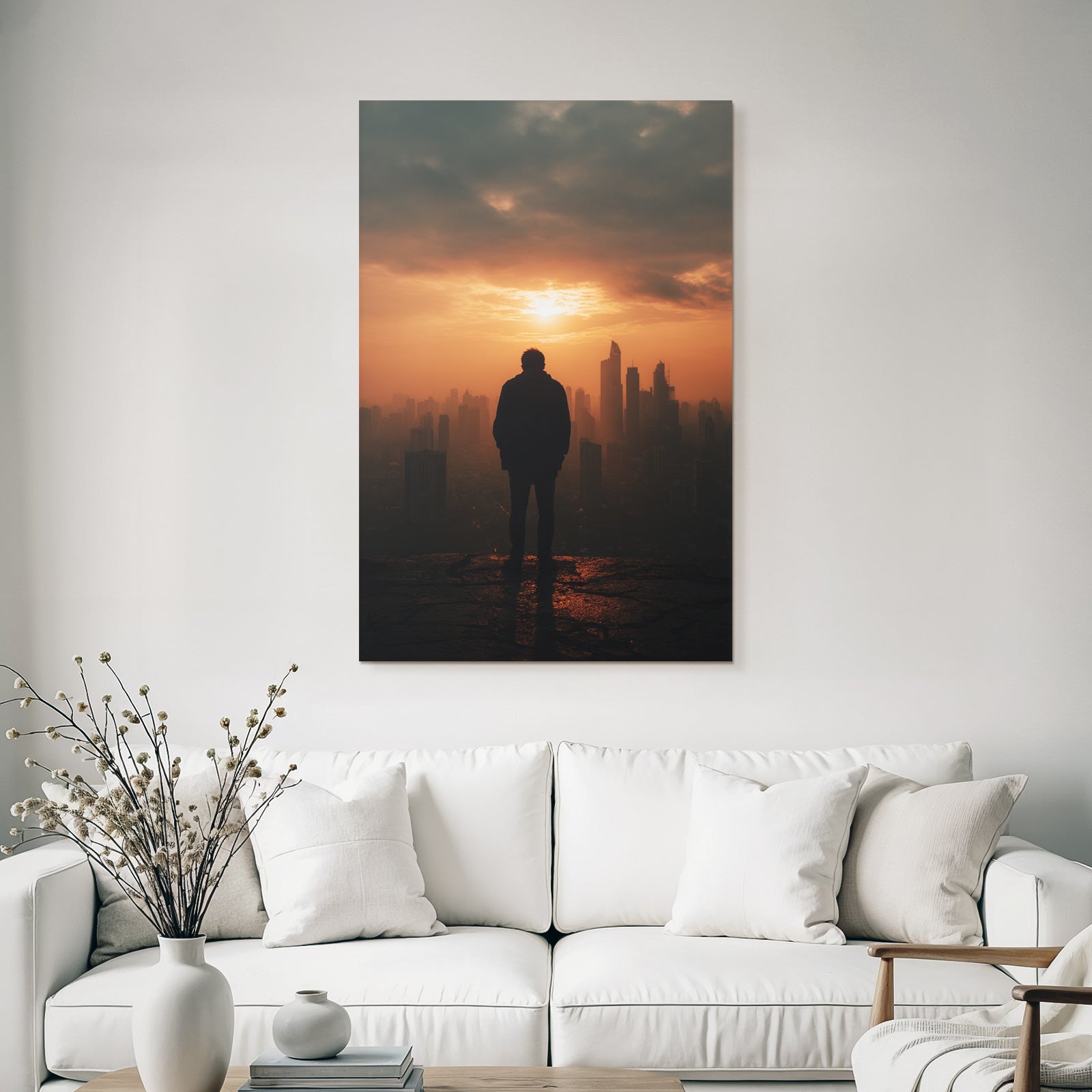 Silhouette Person Auf Vorsprung Sonnenuntergang Stadt Skyline