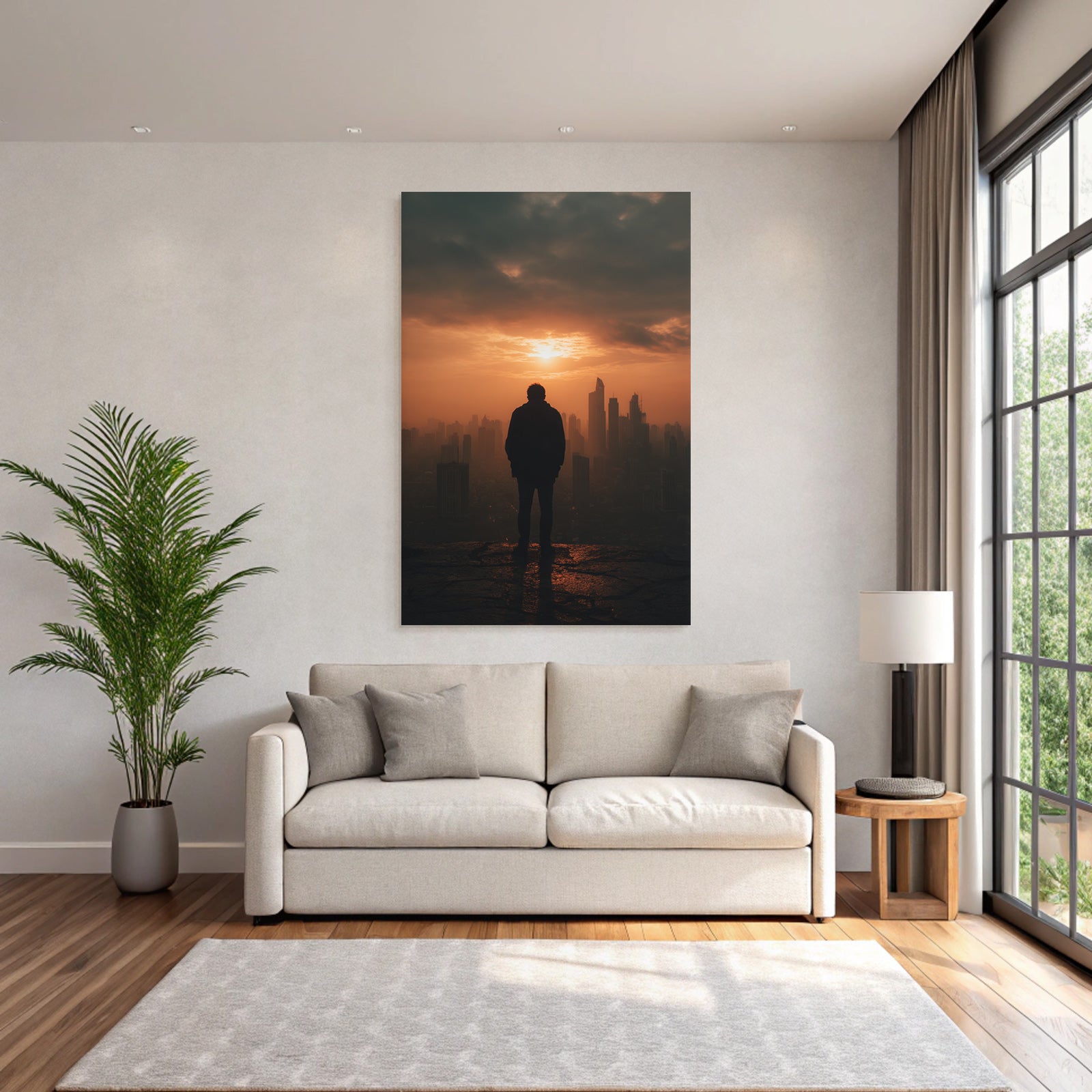 Silhouette Person Auf Vorsprung Sonnenuntergang Stadt Skyline