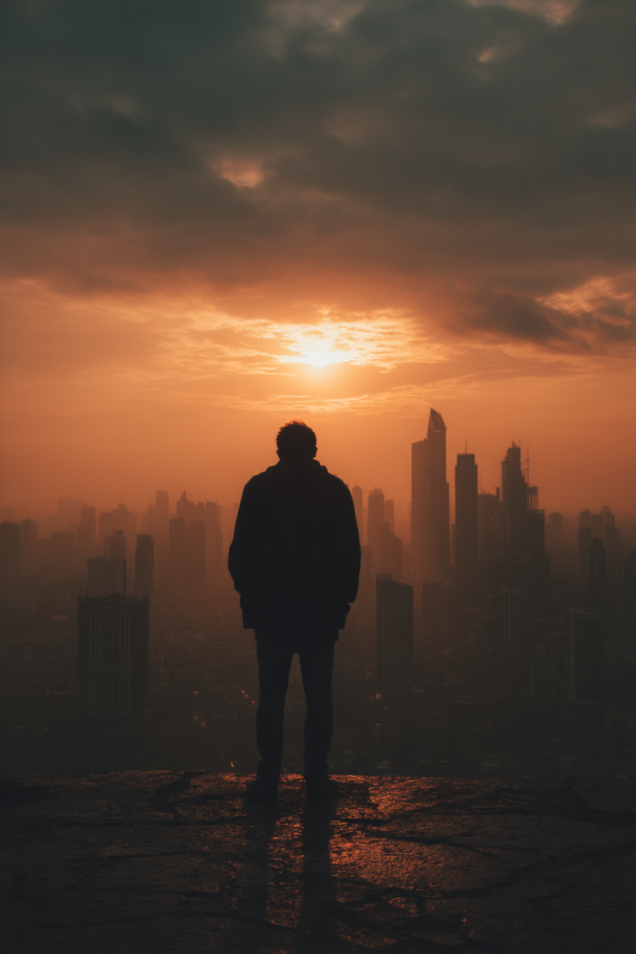 Silhouette Person Auf Vorsprung Sonnenuntergang Stadt Skyline | Fotografie | Kunstgattungen