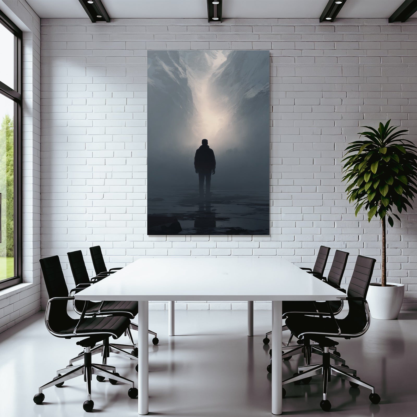 Silhouetten Figur Im Nebligen Gebirgen Mit Lichtquelle