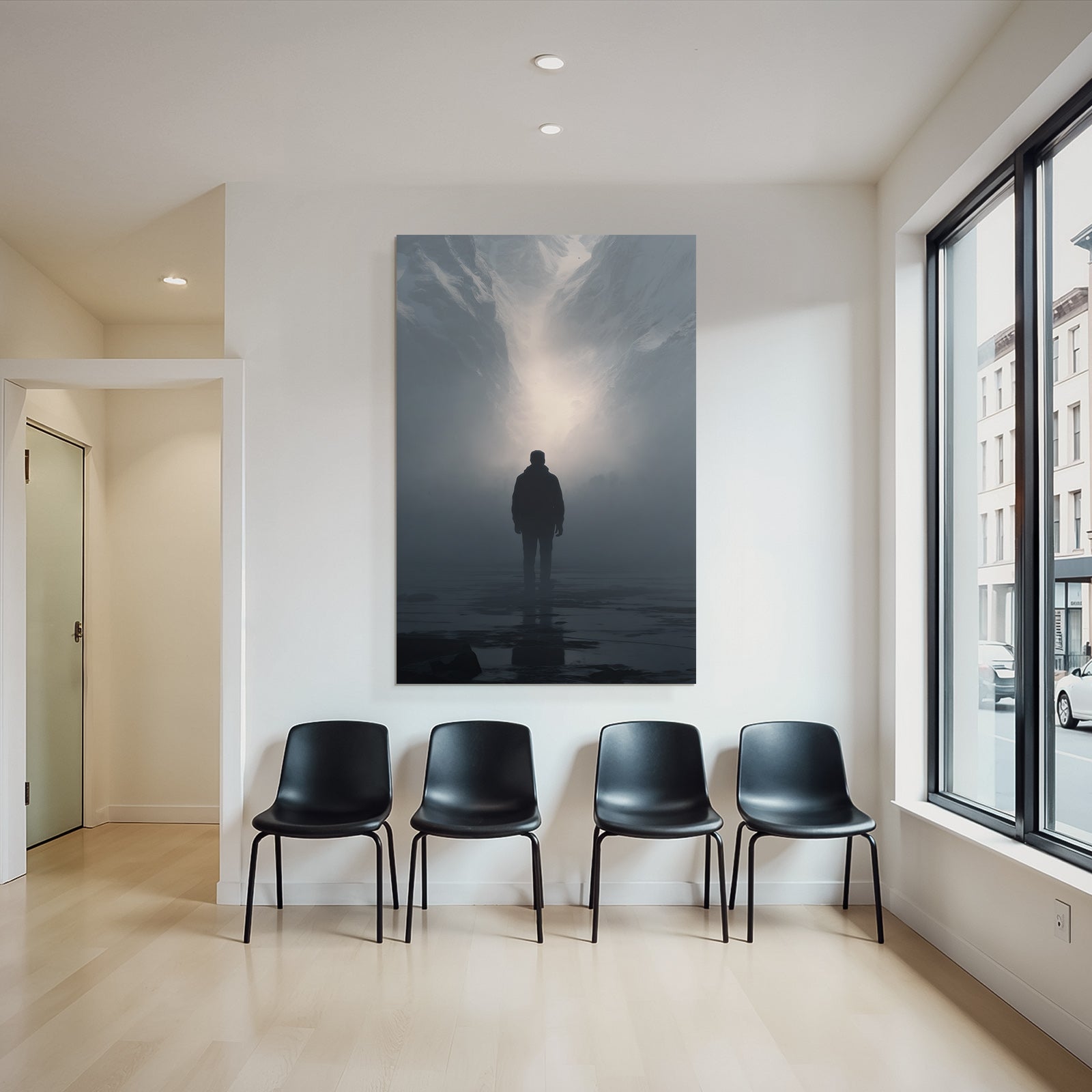 Silhouetten Figur Im Nebligen Gebirgen Mit Lichtquelle