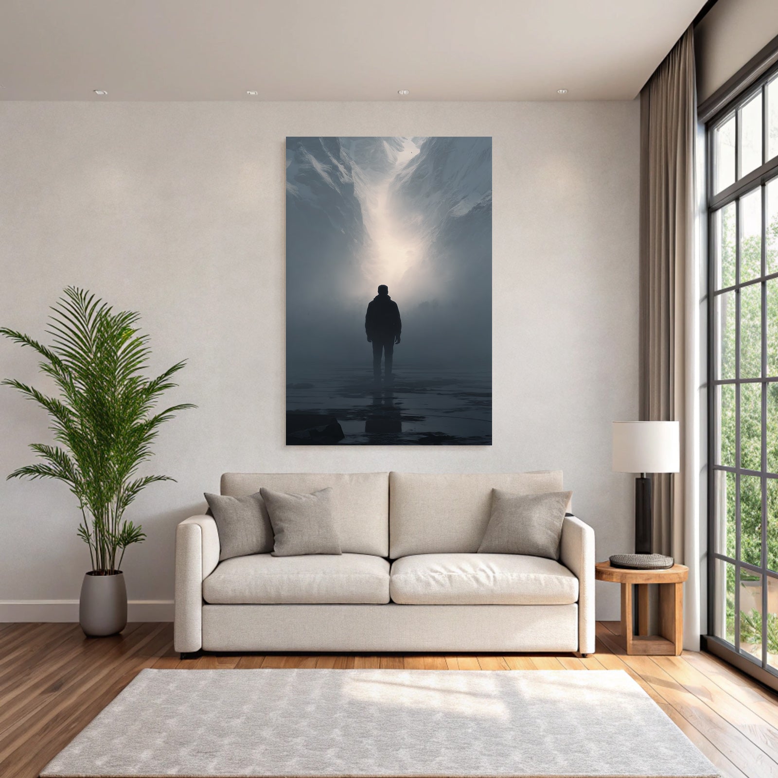 Silhouetten Figur Im Nebligen Gebirgen Mit Lichtquelle