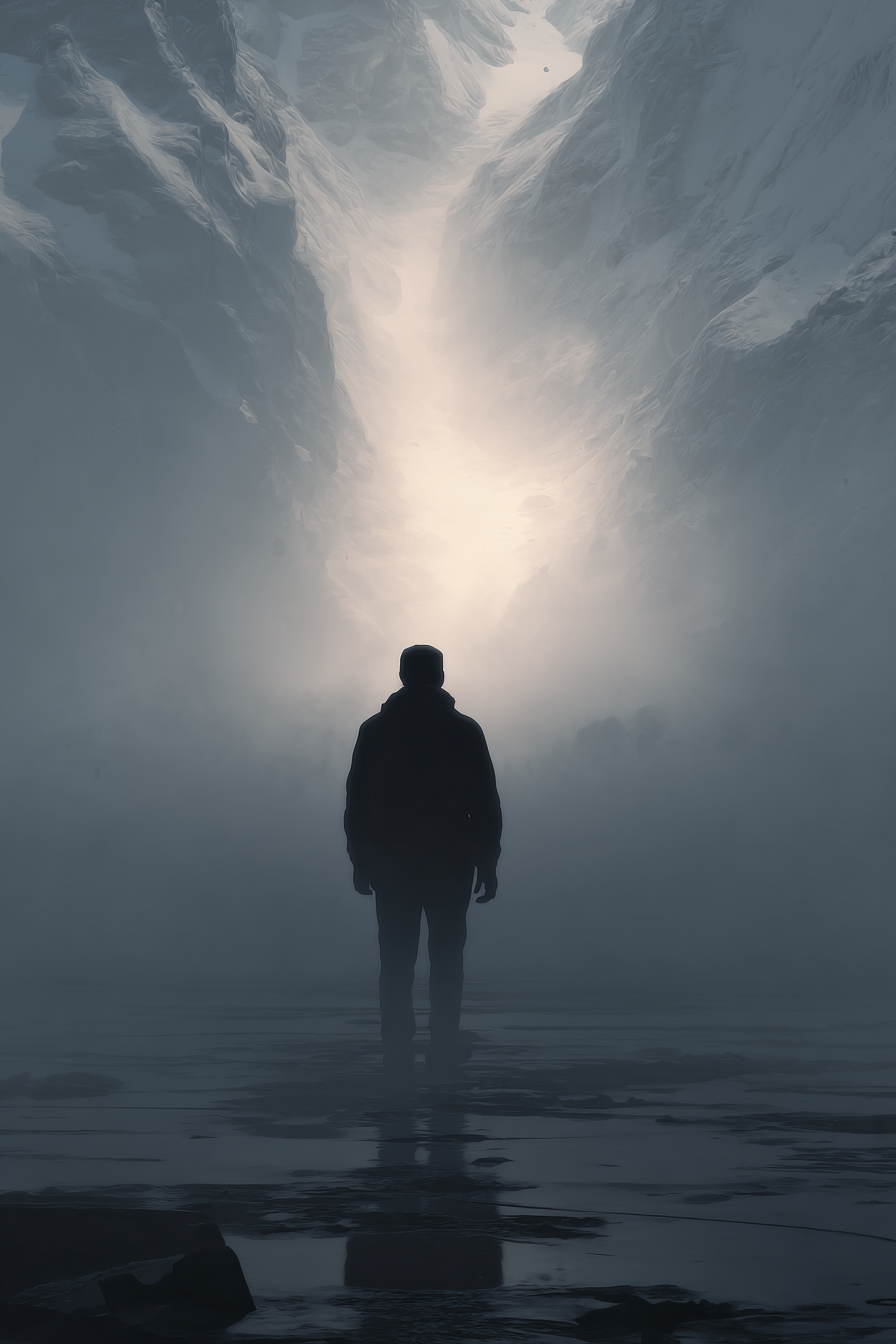 Silhouetten Figur Im Nebligen Gebirgen Mit Lichtquelle | Fotografie | Kunstgattungen