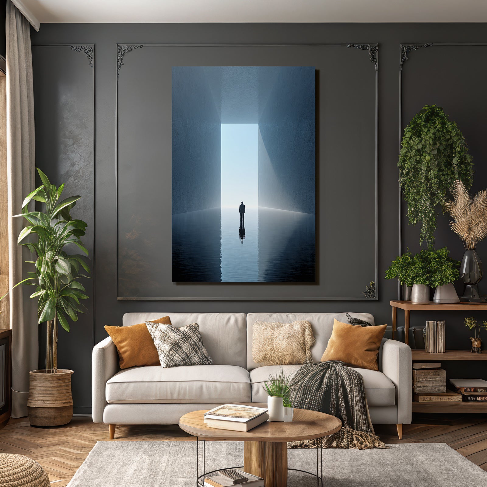 Solitary figure in a quiet environment with bright light