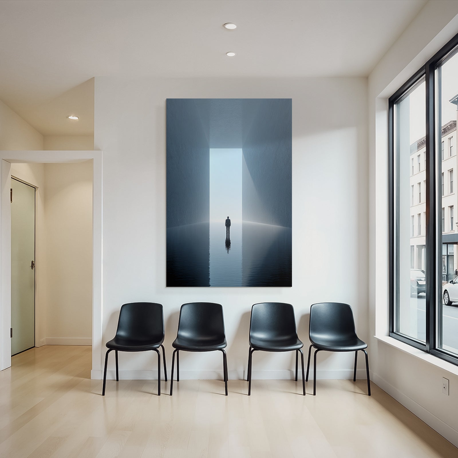 Solitary figure in a quiet environment with bright light