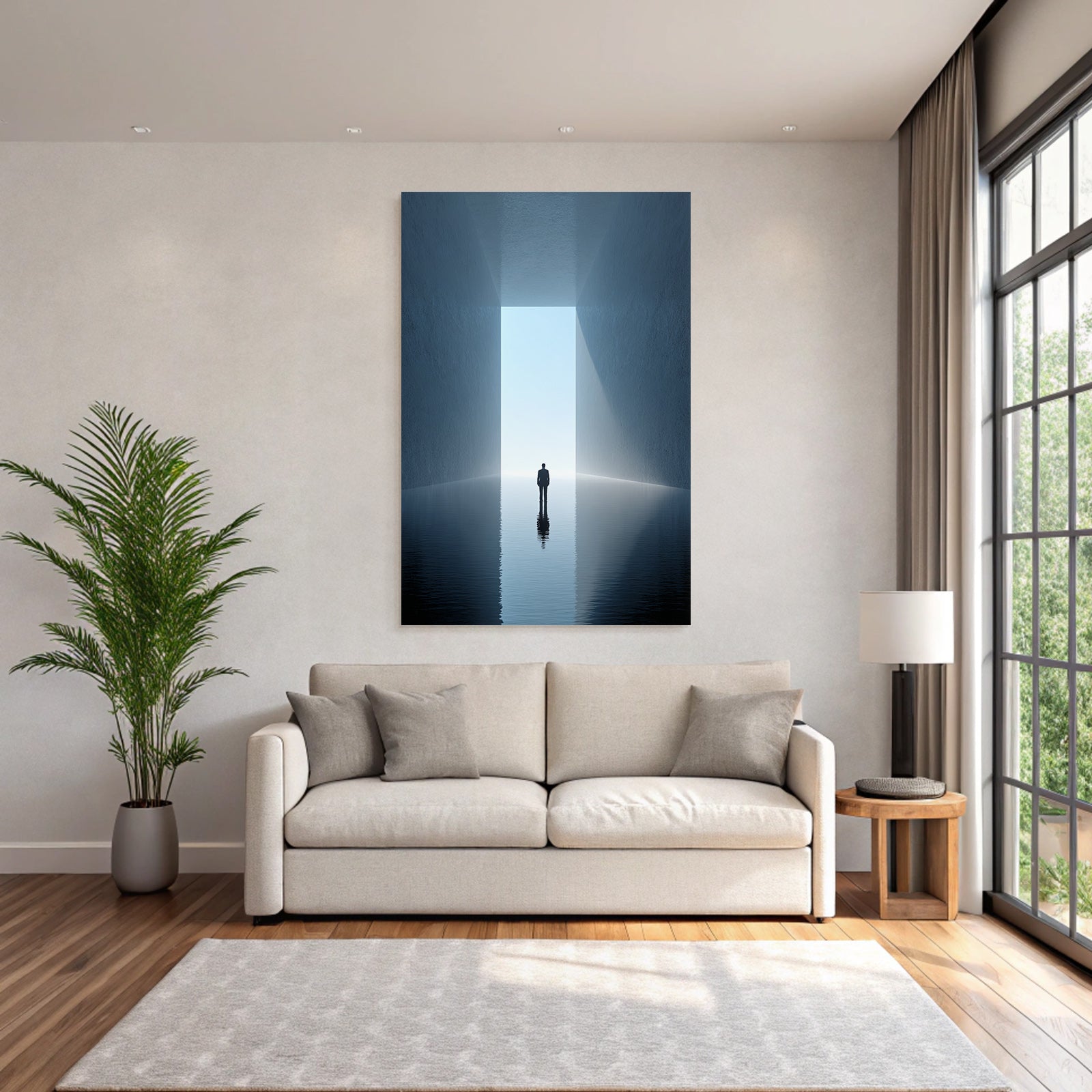 Solitary figure in a quiet environment with bright light