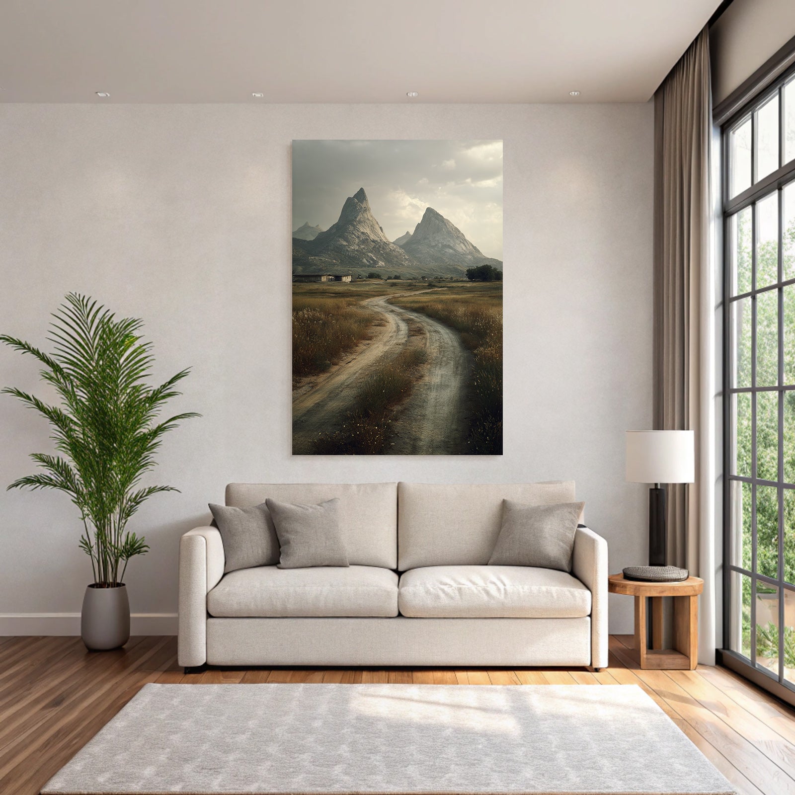 Dusty road in mountain landscape with village in the background