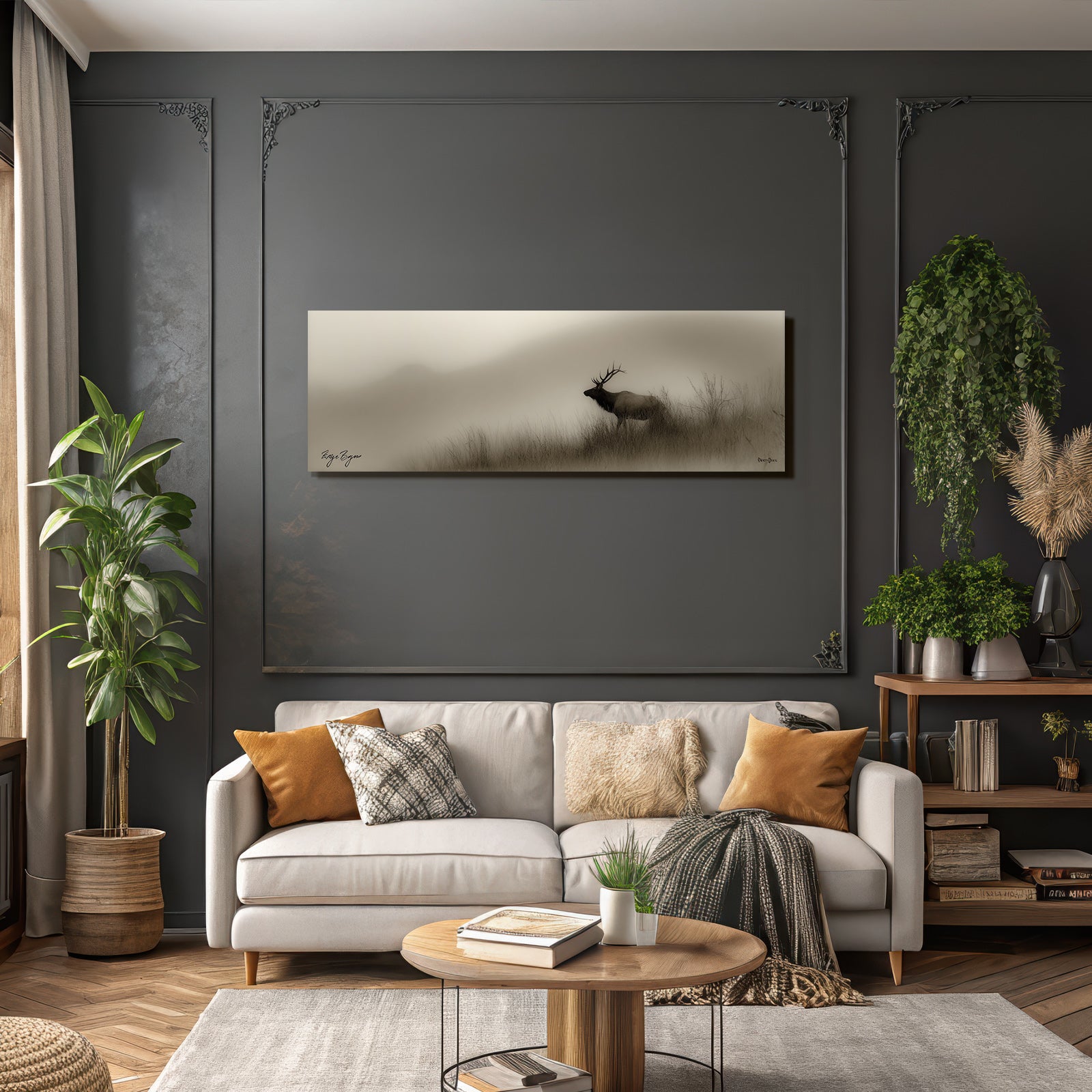 Silhouette Eines Reh Im Nebligen Landschaft