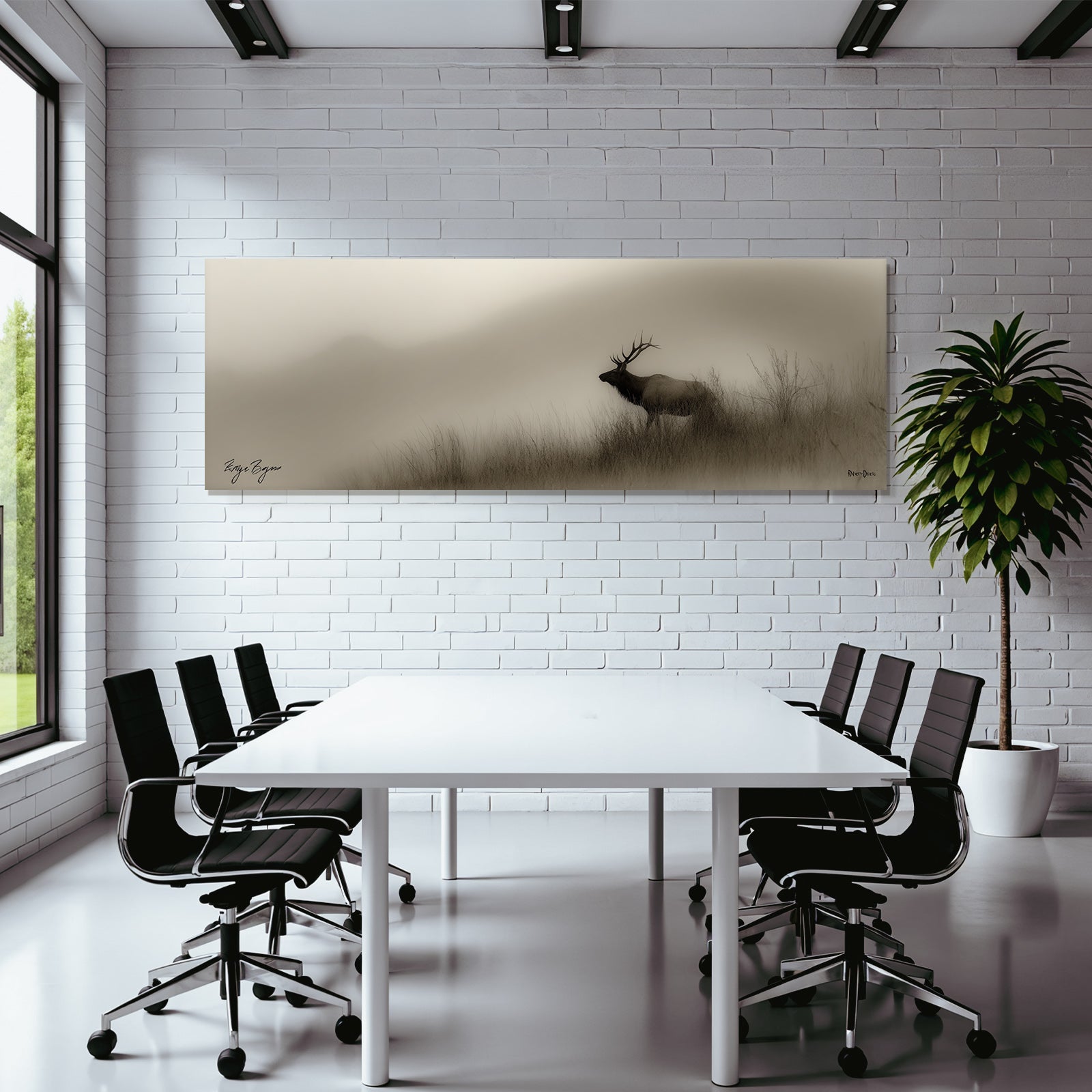 Silhouette Eines Reh Im Nebligen Landschaft