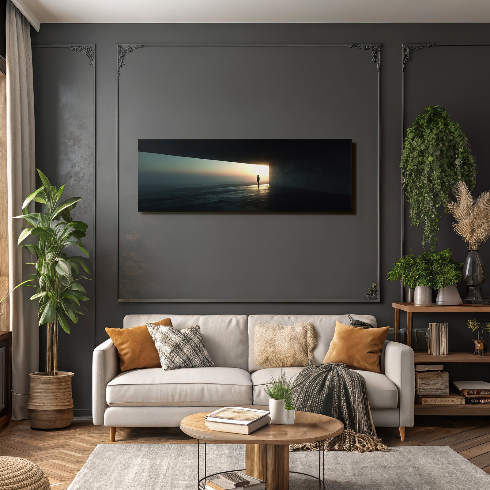 Silhouetten Figur Im Minimalistischen Raum Beim Sonnenuntergang