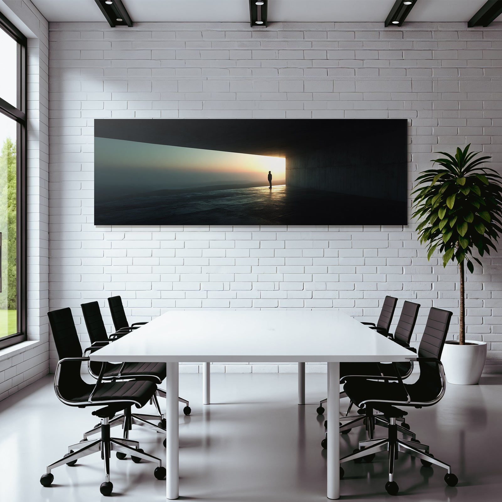 Silhouetten Figur Im Minimalistischen Raum Beim Sonnenuntergang