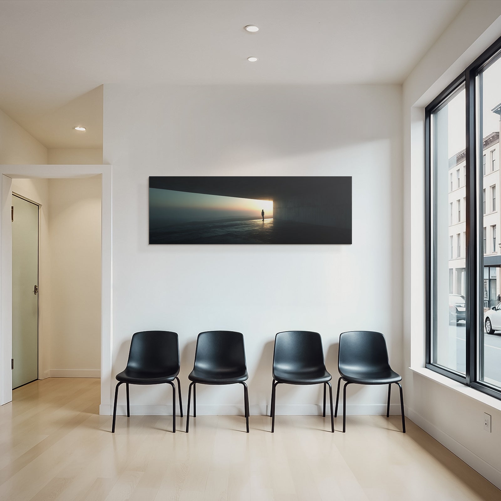 Silhouetten Figur Im Minimalistischen Raum Beim Sonnenuntergang