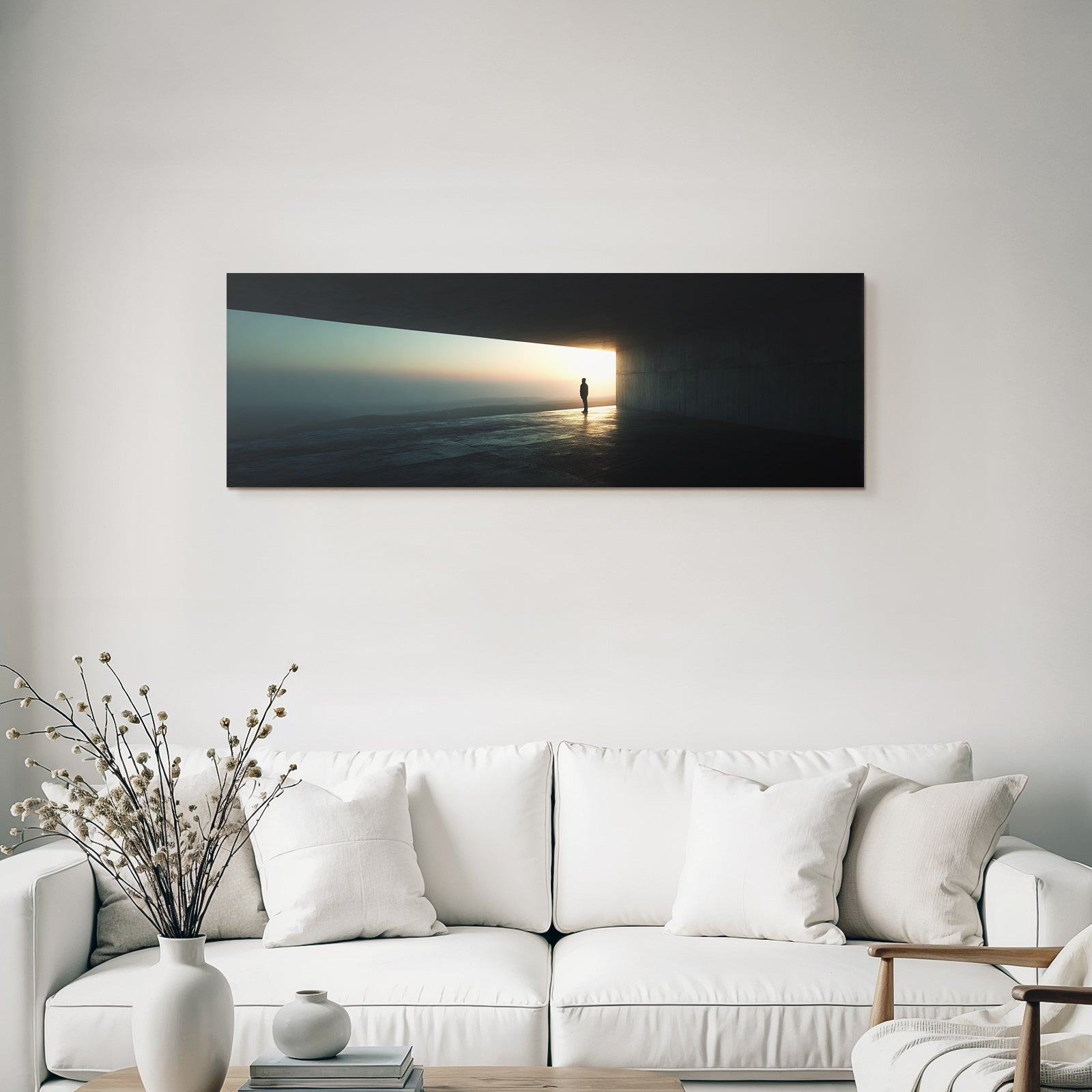 Silhouetten Figur Im Minimalistischen Raum Beim Sonnenuntergang