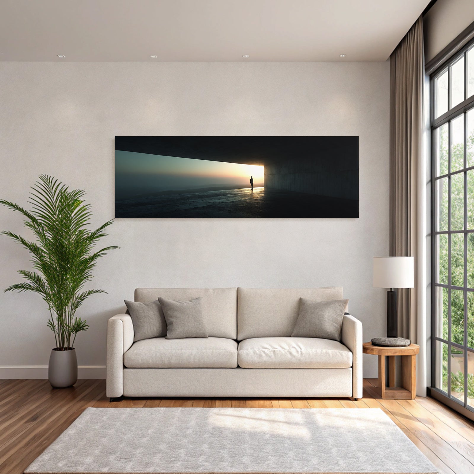 Silhouetten Figur Im Minimalistischen Raum Beim Sonnenuntergang