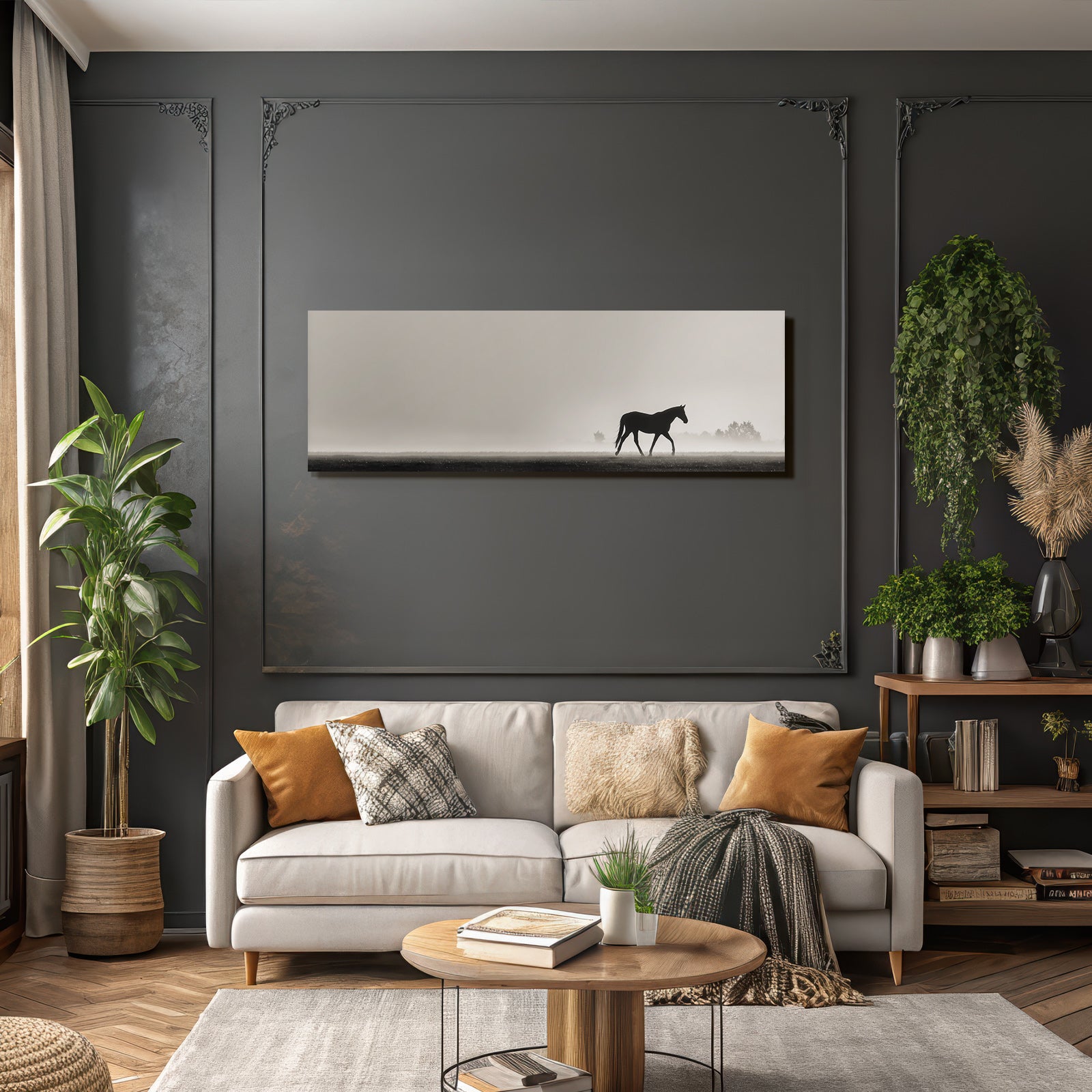 Silhouetten Pferd Nebel Landschaft