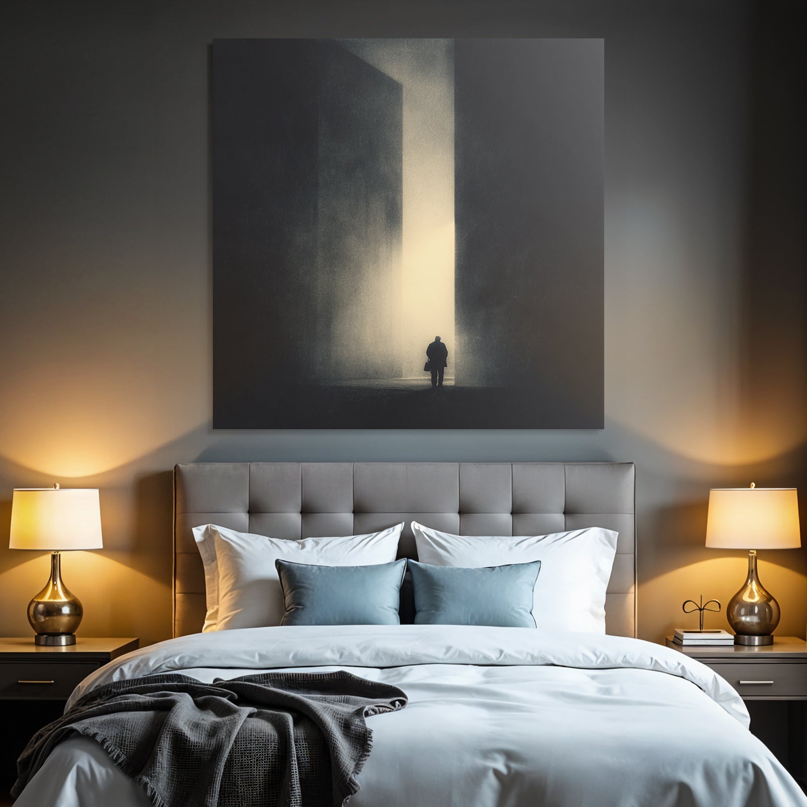 Lonely figure in a dark hallway with abstract structures