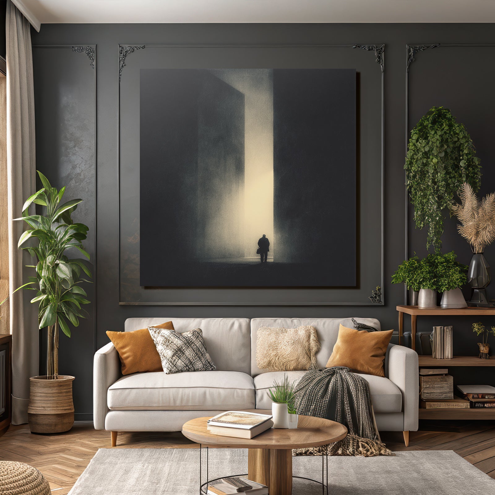 Lonely figure in a dark hallway with abstract structures