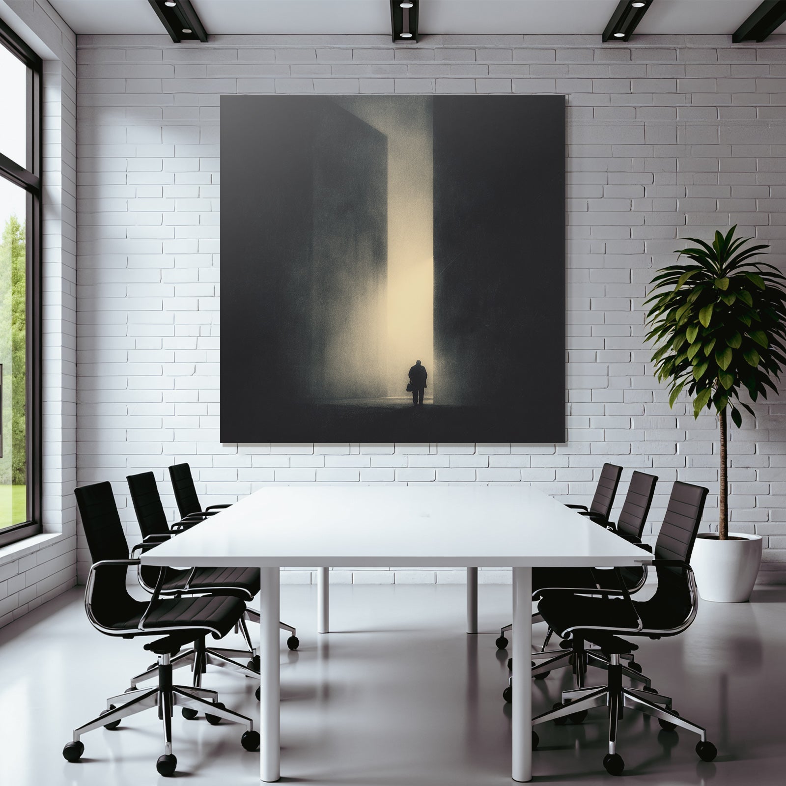 Lonely figure in a dark hallway with abstract structures