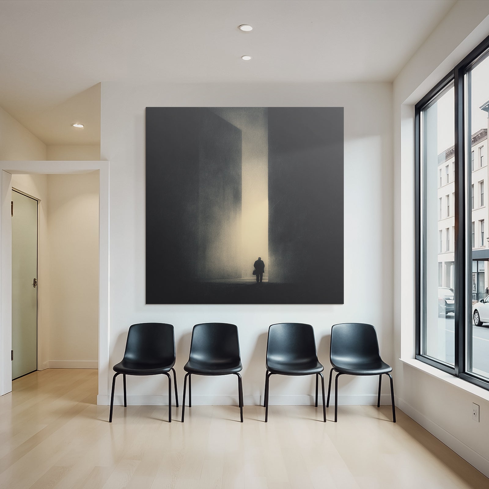 Lonely figure in a dark hallway with abstract structures