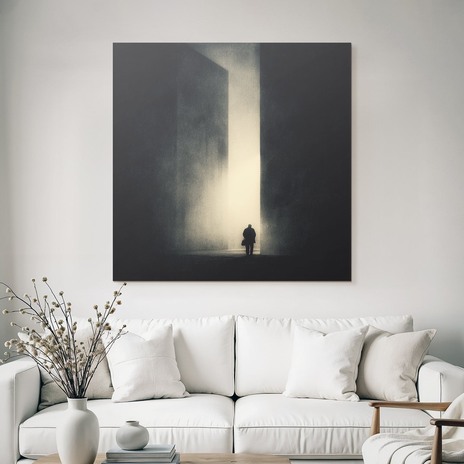 Lonely figure in a dark hallway with abstract structures