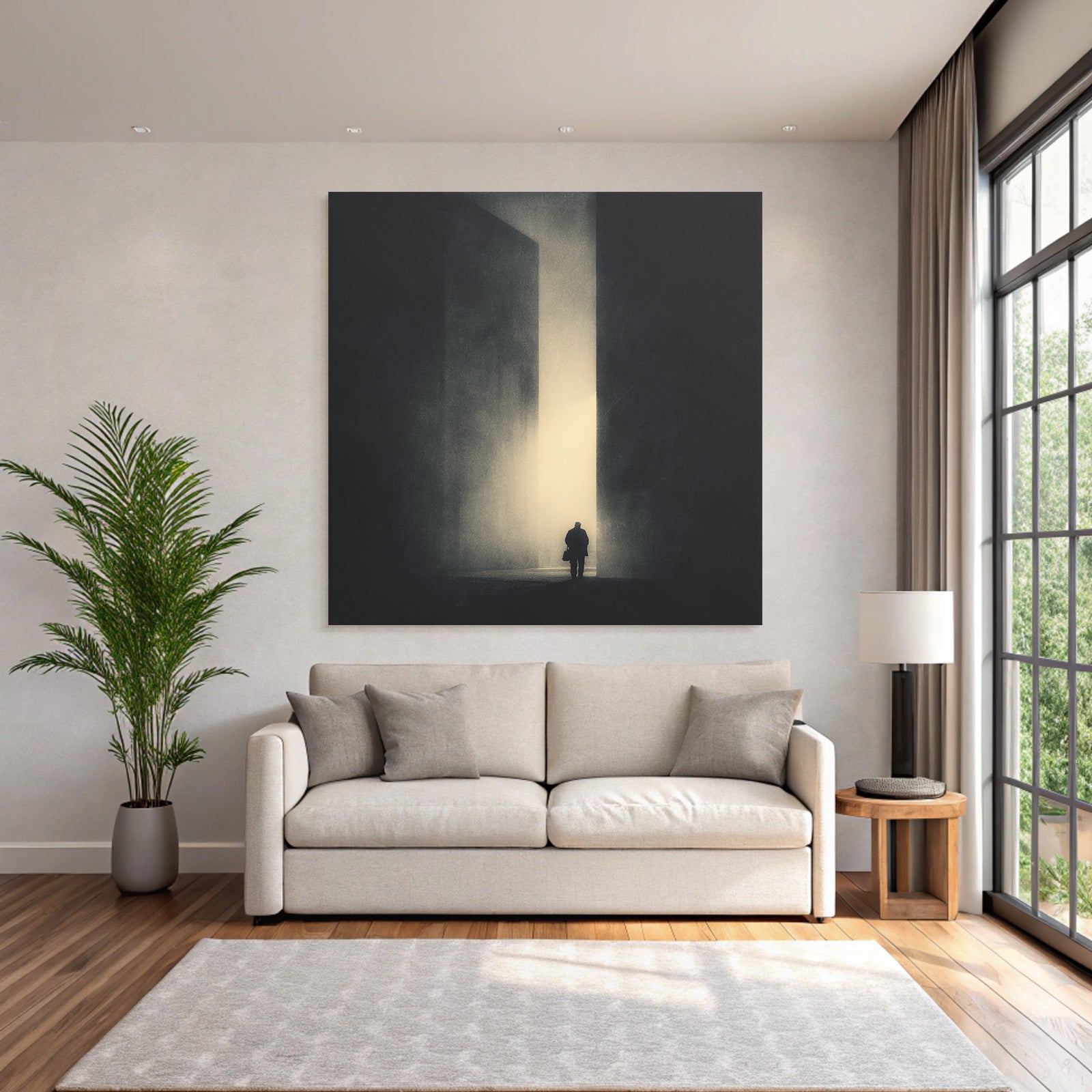 Lonely figure in a dark hallway with abstract structures