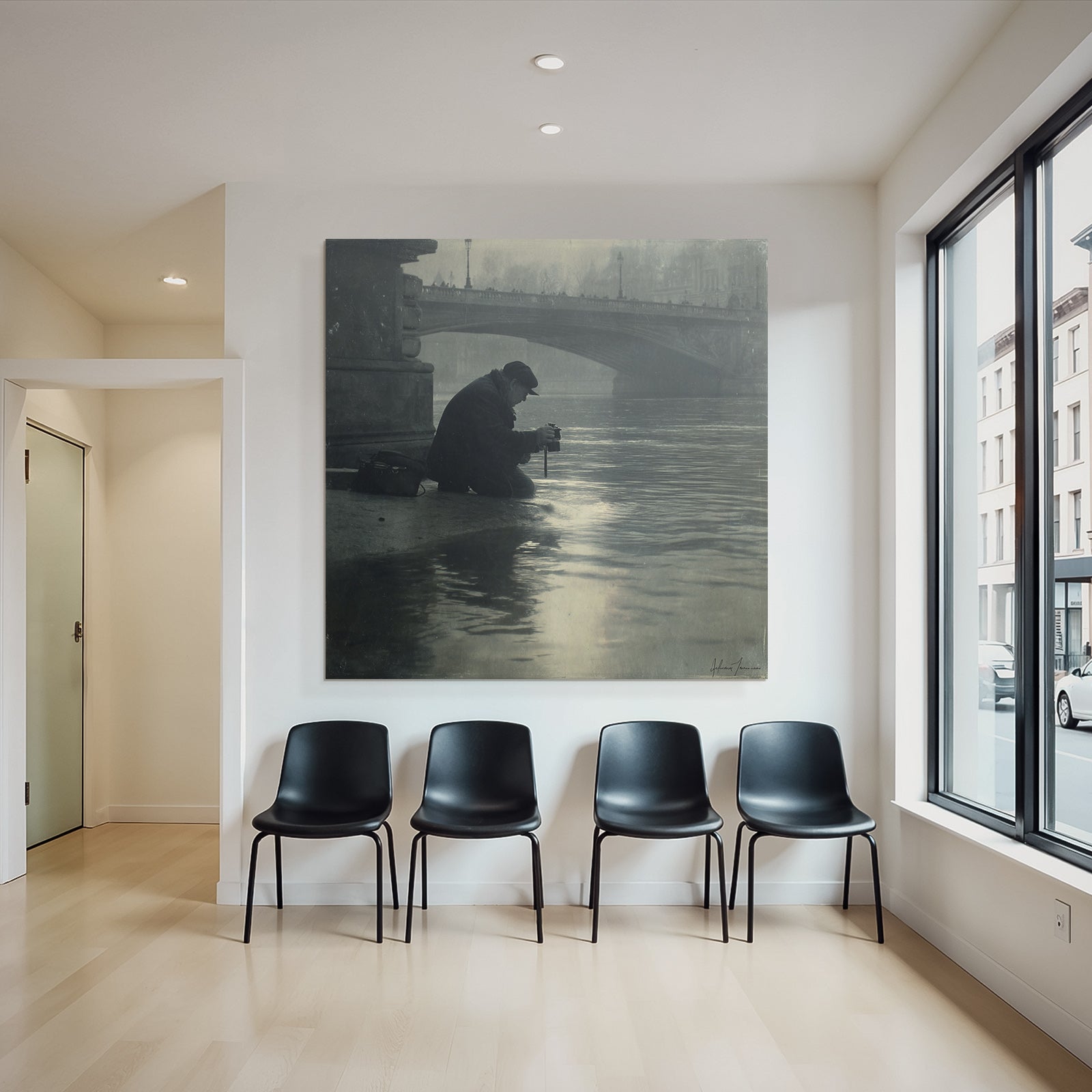 Schwarzweiß Person Am Fluß Brücke Im Hintergrund