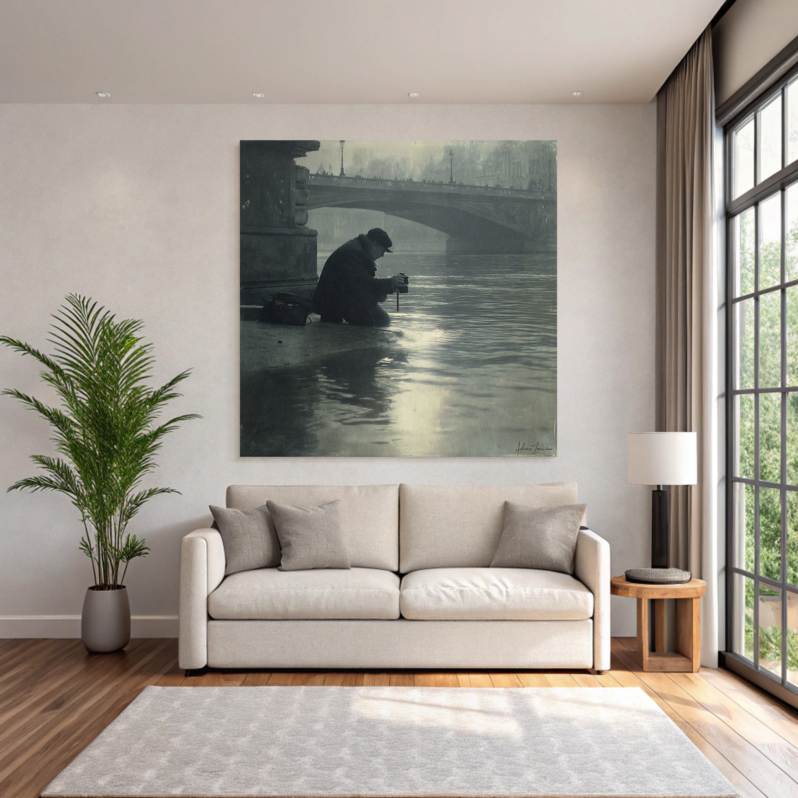 Schwarzweiß Person Am Fluß Brücke Im Hintergrund