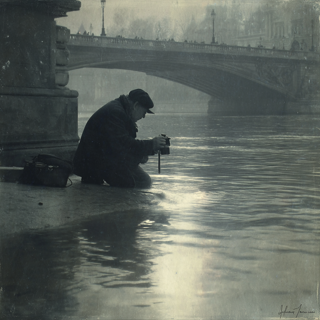 Schwarzweiß Person Am Fluß Brücke Im Hintergrund | Fotografie | Kunstgattungen