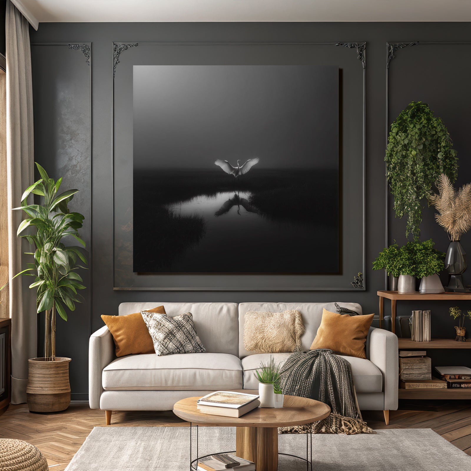 Schwarzweiß Photo Von Einer Egretta Im Naßen Biotop Mit Reflexionen