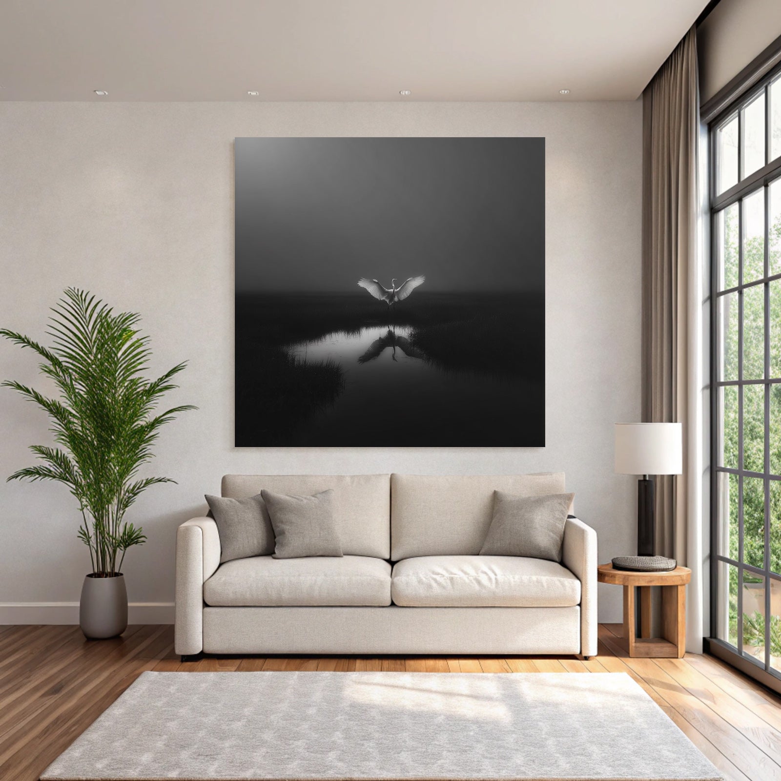 Schwarzweiß Photo Von Einer Egretta Im Naßen Biotop Mit Reflexionen