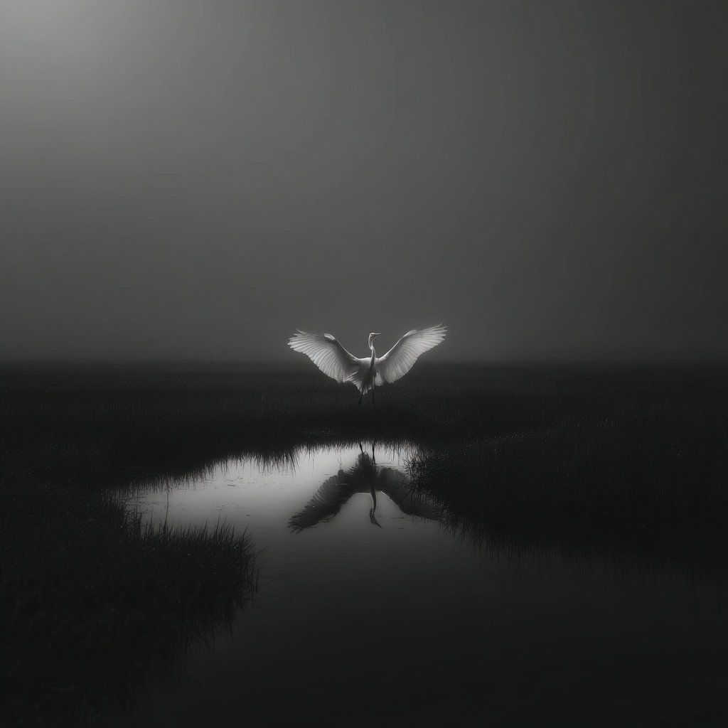 Schwarzweiß Photo Von Einer Egretta Im Naßen Biotop Mit Reflexionen | Fotografie | Kunstgattungen