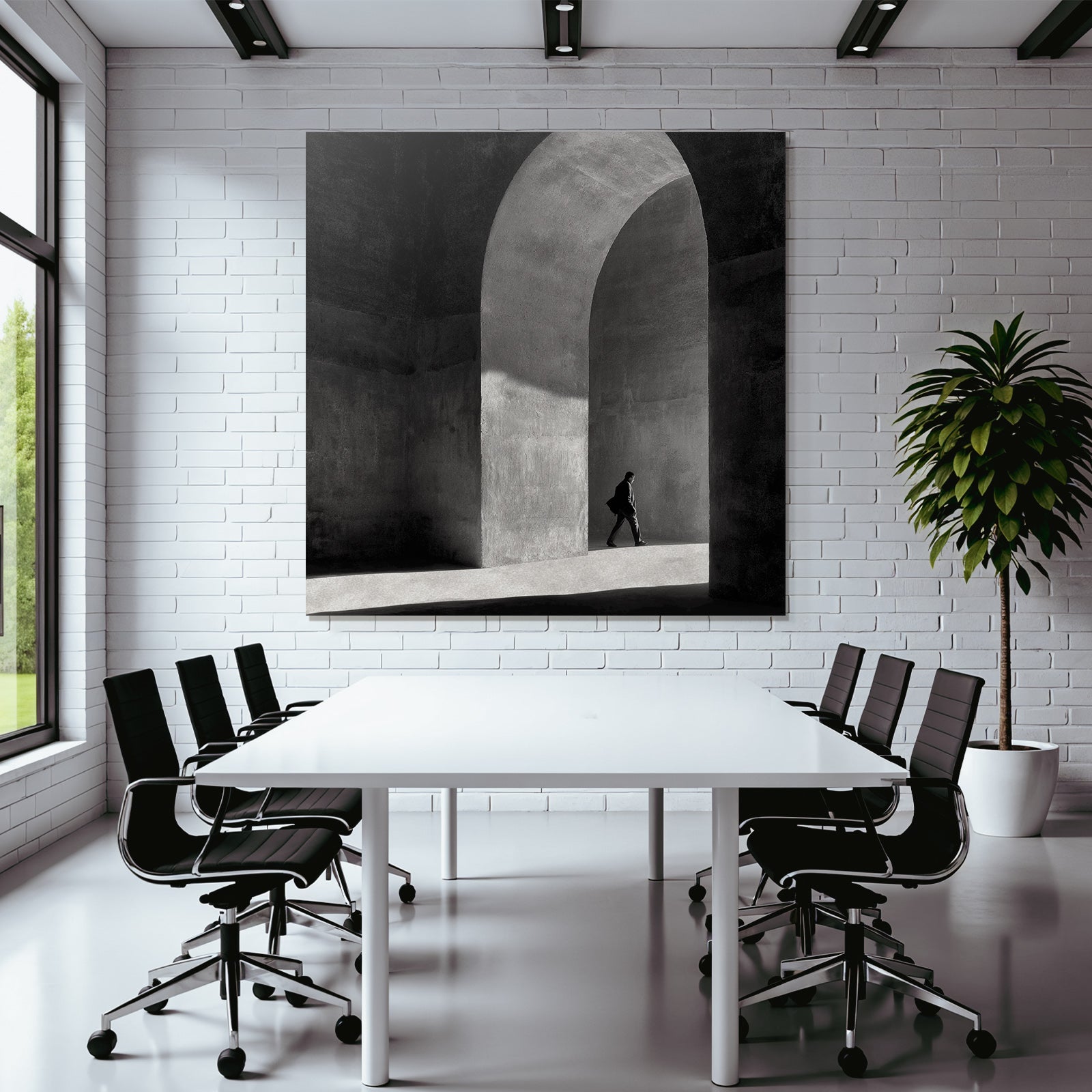 Schwarzweißfoto Person In Gewölbe Mit Licht Und Schatten